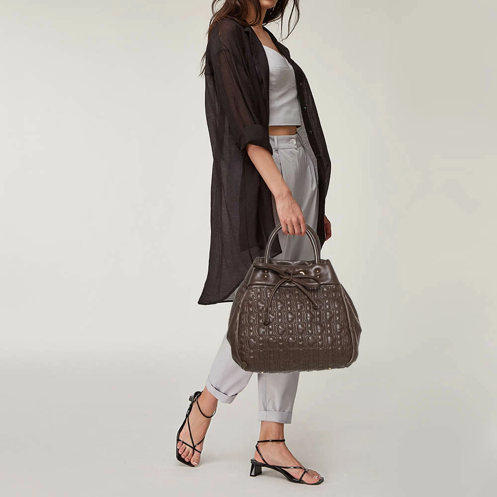 Carolina Herrera Dark Brown Monogram Quilted Leather Drawstring Tote Women 2 Carolina Herrera Dark Brown Monogram Quilted Leather Drawstring Tote Women - Image 2