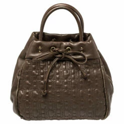 Carolina Herrera Dark Brown Monogram Quilted Leather Drawstring Tote Women