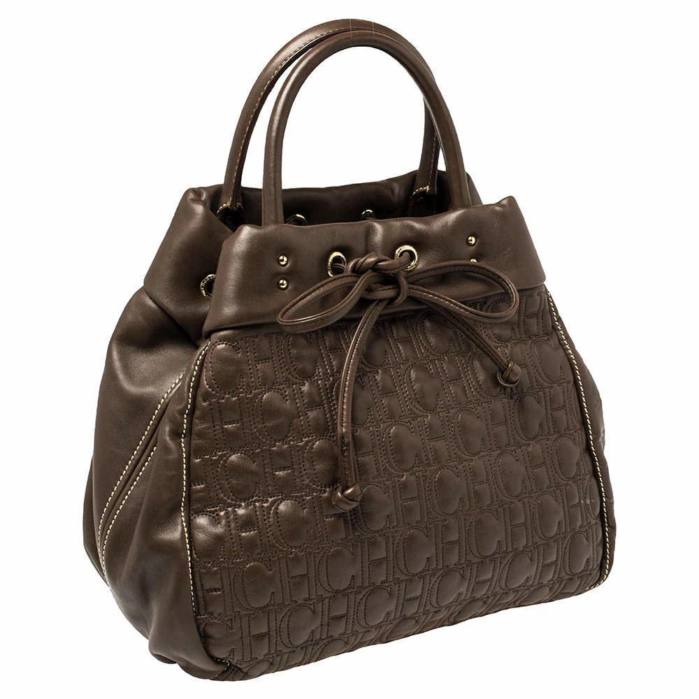 Carolina Herrera Dark Brown Monogram Quilted Leather Drawstring Tote Women 3 Carolina Herrera Dark Brown Monogram Quilted Leather Drawstring Tote Women - Image 3