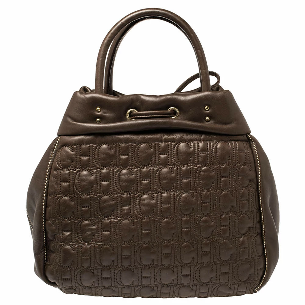 Carolina Herrera Dark Brown Monogram Quilted Leather Drawstring Tote Women 4 Carolina Herrera Dark Brown Monogram Quilted Leather Drawstring Tote Women - Image 4