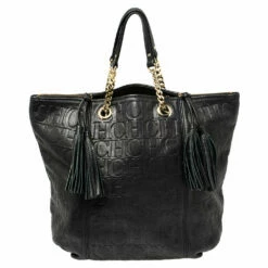 Carolina Herrera Black Monogram Leather Tassel Tote Women