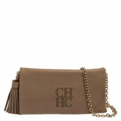 Carolina Herrera Beige Perforated Logo Leather Flap Tassel Shoulder Bag Women