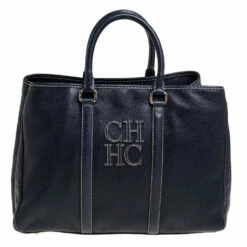 Carolina Herrera Navy Blue Pebbled Leather Large Matteo Tote Women