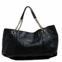 Carolina Herrera Black Monogram Leather Chain Hobo Women