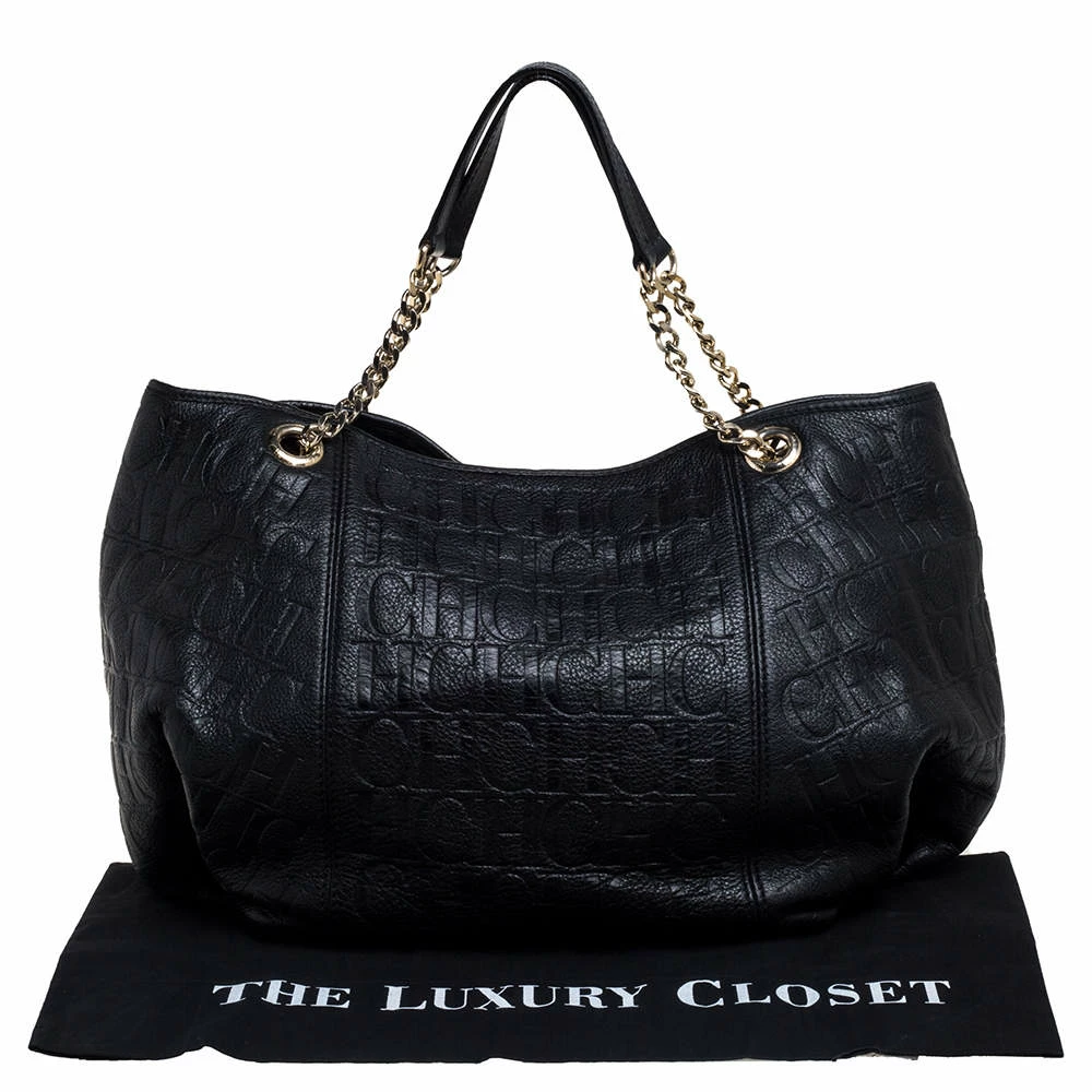 Carolina Herrera Black Monogram Leather Chain Hobo Women