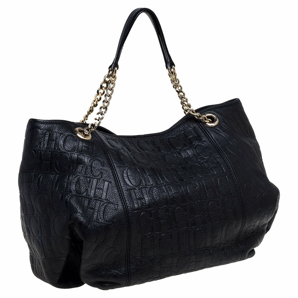 Carolina Herrera Black Monogram Leather Chain Hobo Women