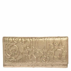 Carolina Herrera Gold Floral Embossed Leather Trifold Continental Wallet Women