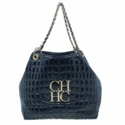 Carolina Herrera Navy Blue Croc Embossed Patent Leather Tote Women