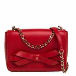 Carolina Herrera Red Leather Bow Flap Shoulder Bag Women