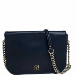 Carolina Herrera Navy Blue Leather Flap Chain Shoulder Bag Women