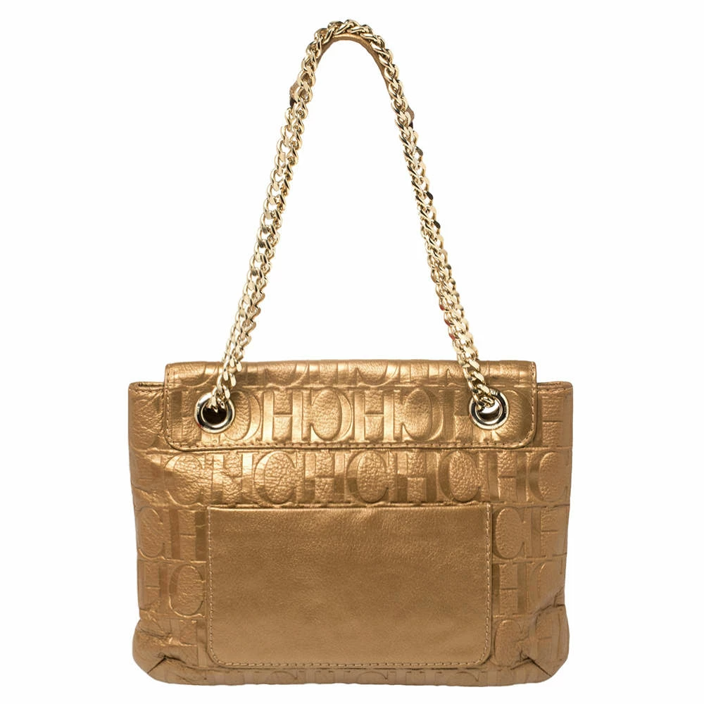 Carolina Herrera Gold Monogram Leather Audrey Shoulder Bag Women