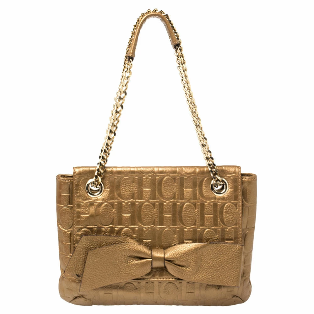 Carolina Herrera Gold Monogram Leather Audrey Shoulder Bag Women