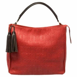 Carolina Herrera Red Monogram Embossed Leather Tassel Hobo Women