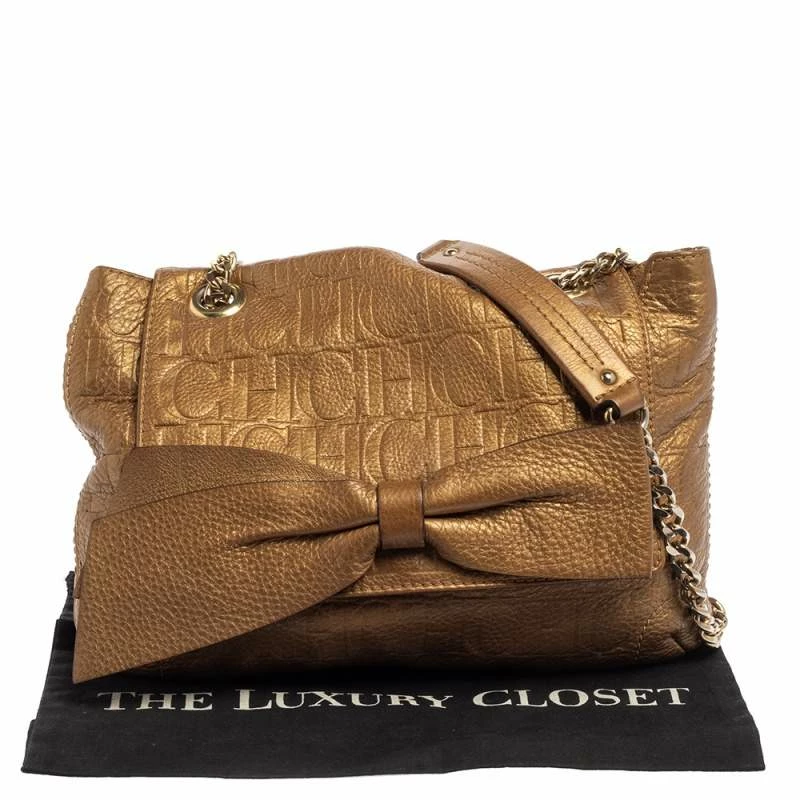 Carolina Herrera Gold Monogram Leather Audrey Shoulder Bag Women