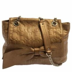 Carolina Herrera Gold Monogram Leather Audrey Shoulder Bag Women