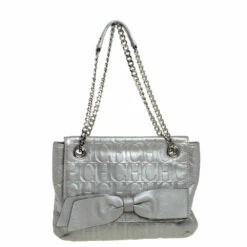 Carolina Herrera Silver Monogram Leather Audrey Shoulder Bag Women