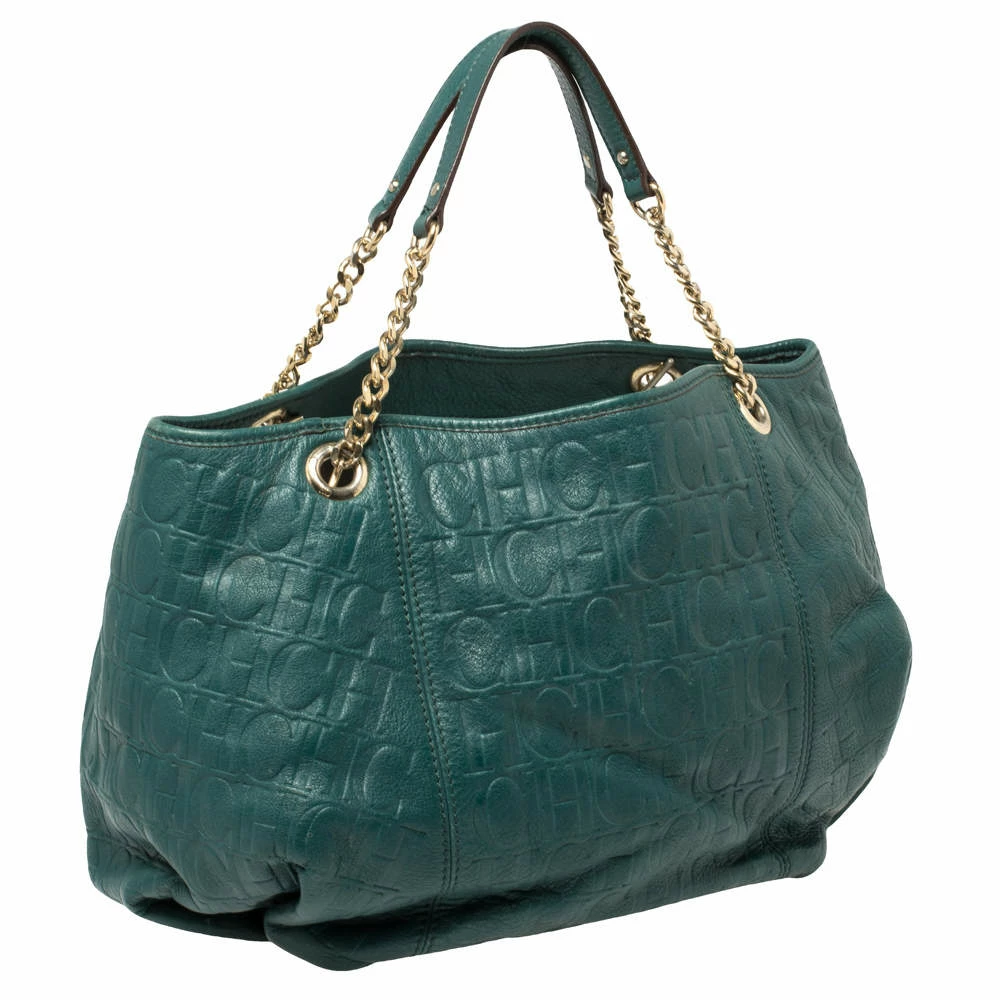 Carolina Herrera Green Monogram Leather Chain Hobo Women