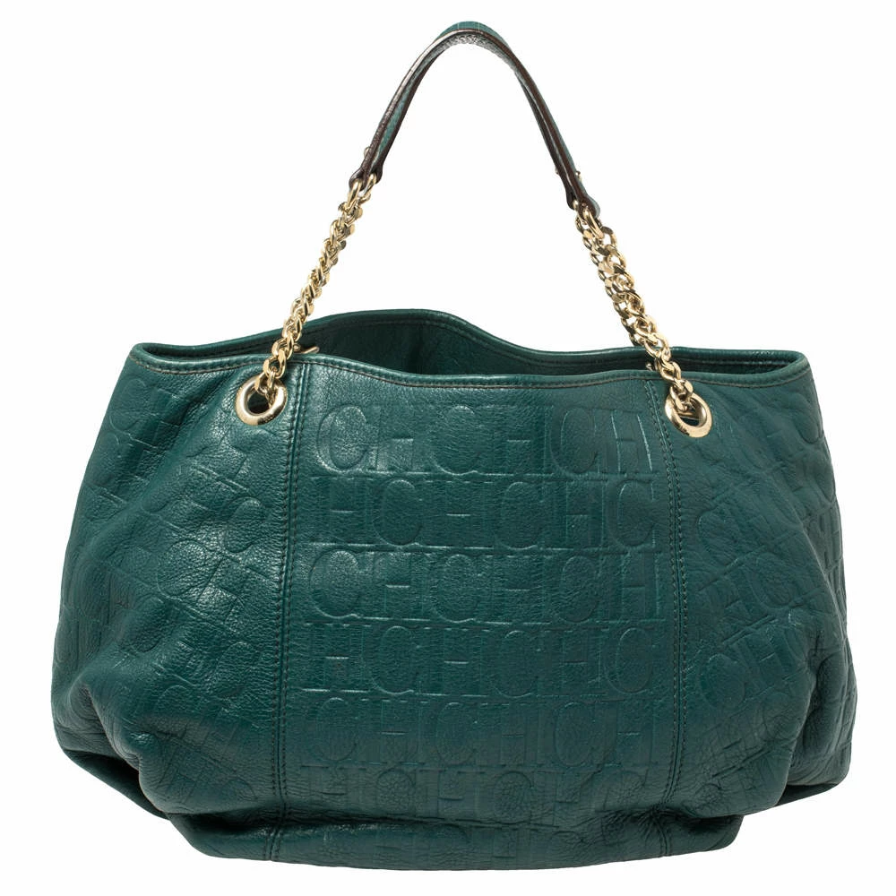 Carolina Herrera Green Monogram Leather Chain Hobo Women