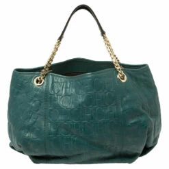 Carolina Herrera Green Monogram Leather Chain Hobo Women