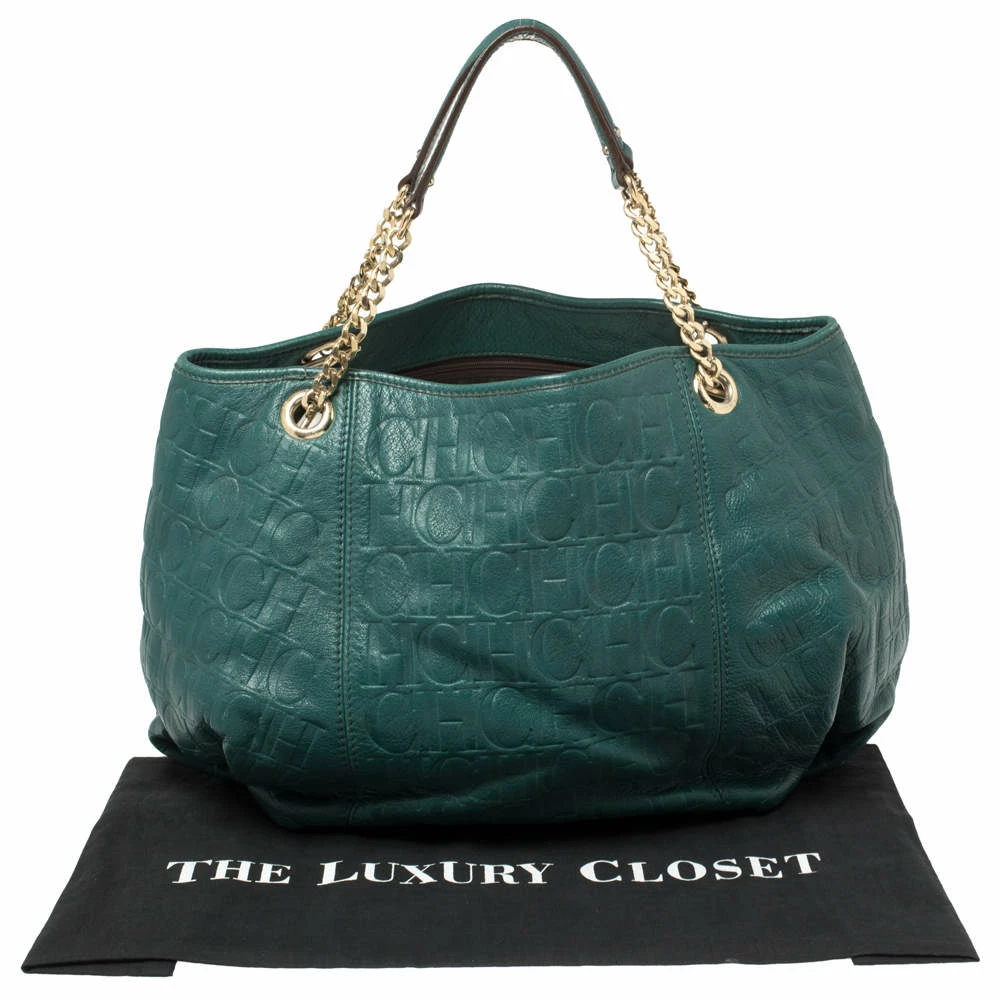 Carolina Herrera Green Monogram Leather Chain Hobo Women