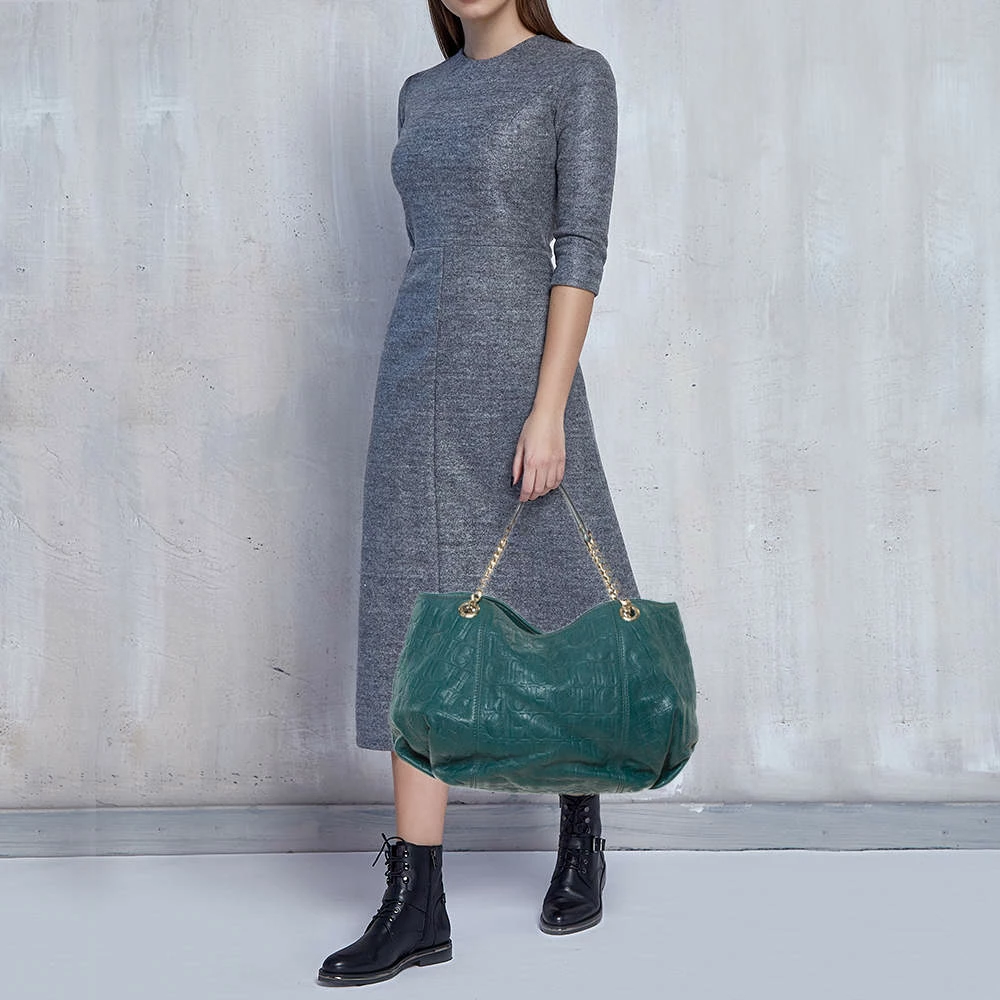 Carolina Herrera Green Monogram Leather Chain Hobo Women