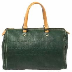 Carolina Herrera Green Monogram Leather Large Andy Boston Bag Women
