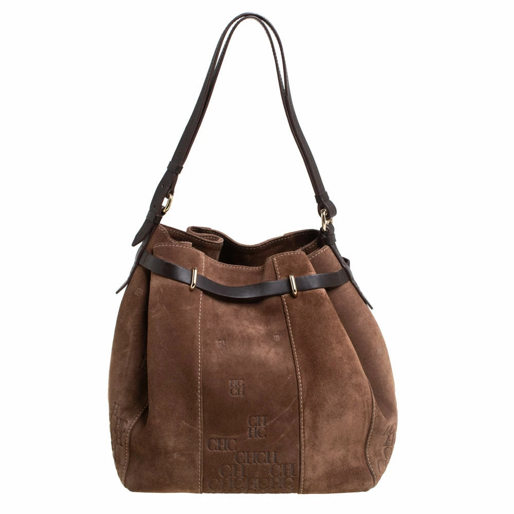 Carolina Herrera Brown Embossed Suede and Leather Bow Bucket Bag Women