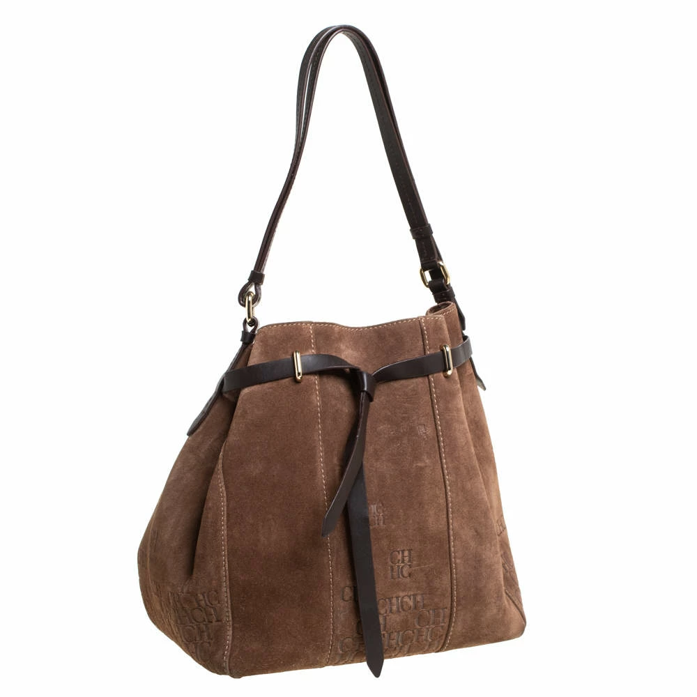 Carolina Herrera Brown Embossed Suede and Leather Bow Bucket Bag Women