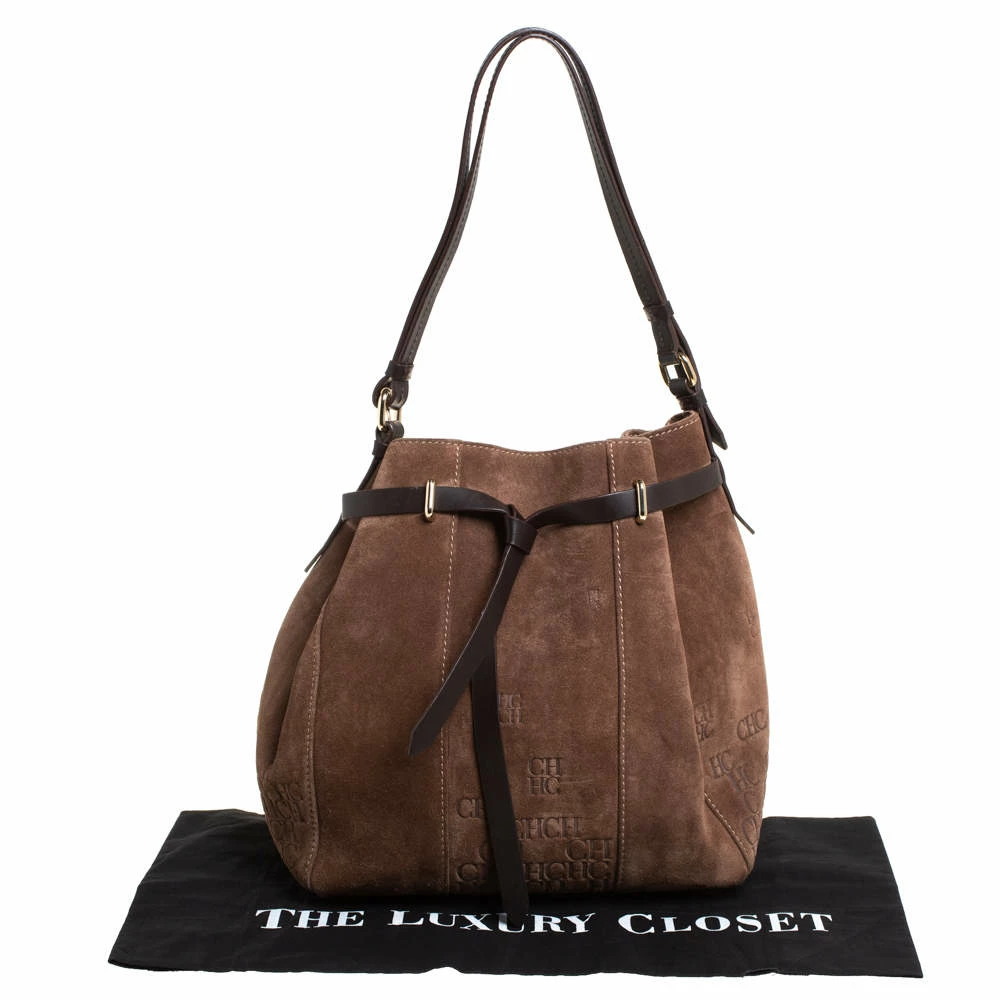 Carolina Herrera Brown Embossed Suede and Leather Bow Bucket Bag Women