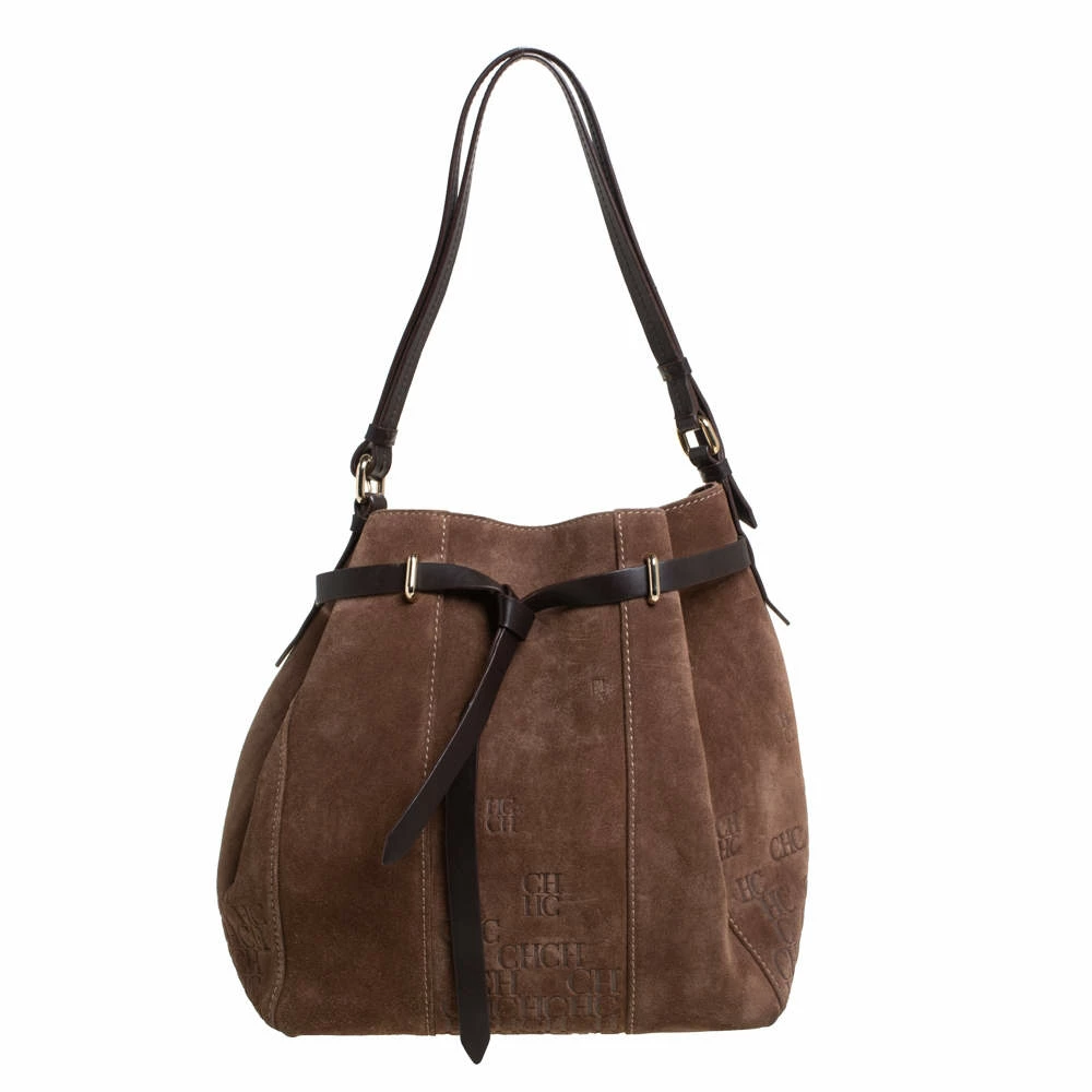 Carolina Herrera Brown Embossed Suede and Leather Bow Bucket Bag Women