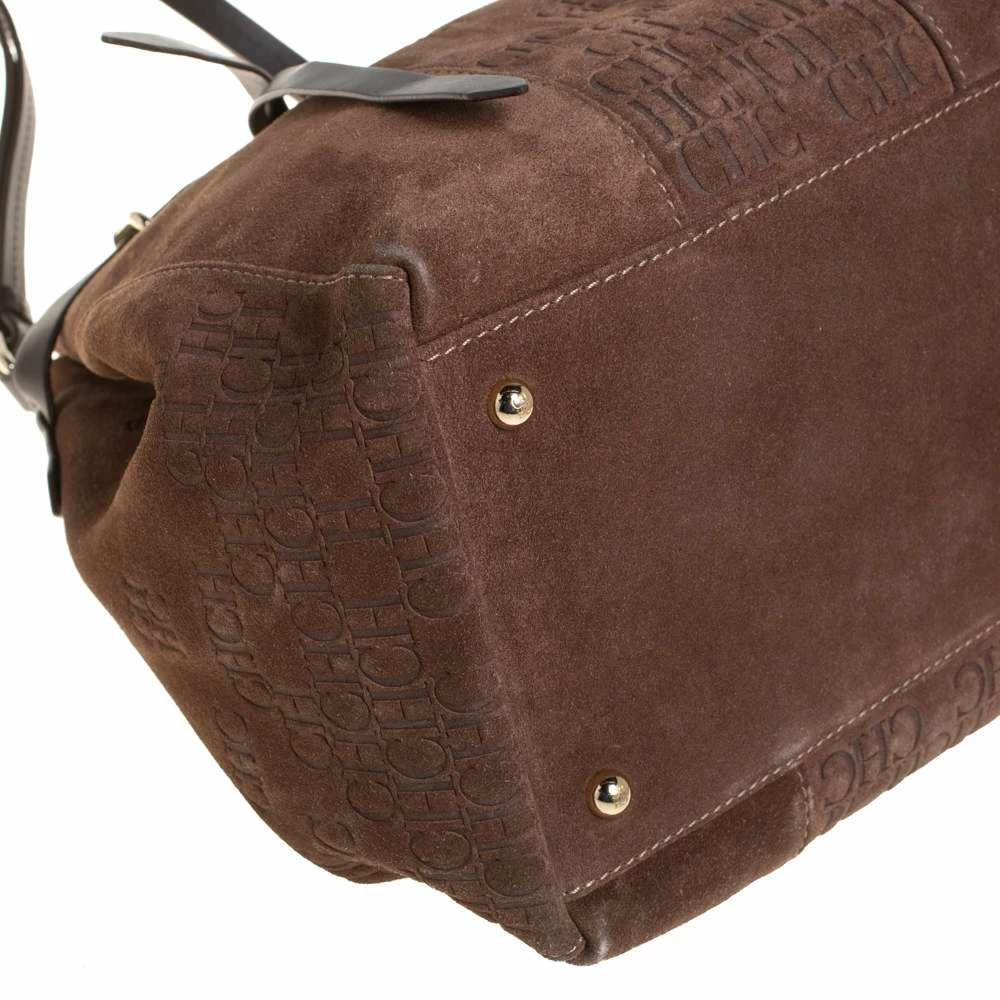 Carolina Herrera Brown Embossed Suede and Leather Bow Bucket Bag Women