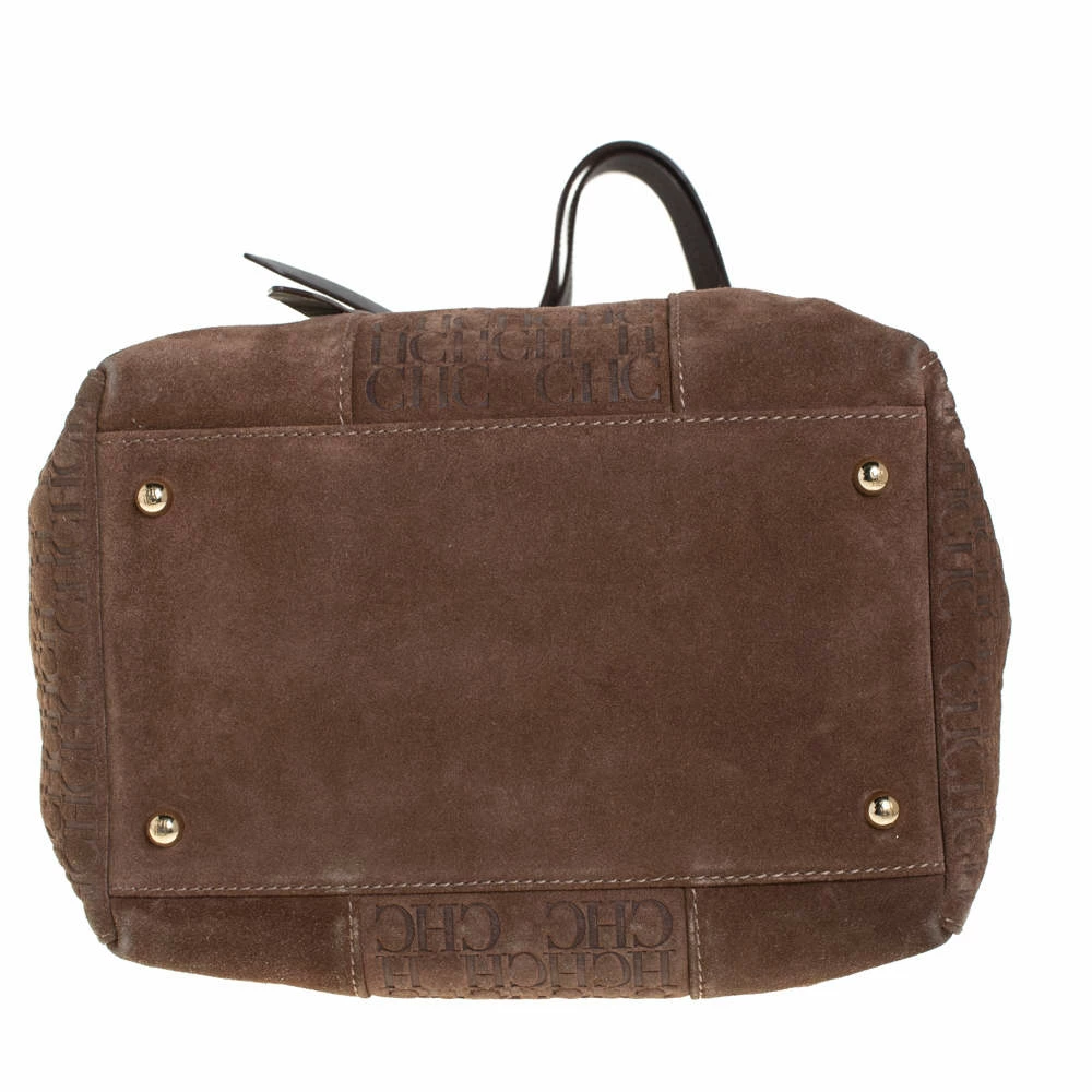 Carolina Herrera Brown Embossed Suede and Leather Bow Bucket Bag Women