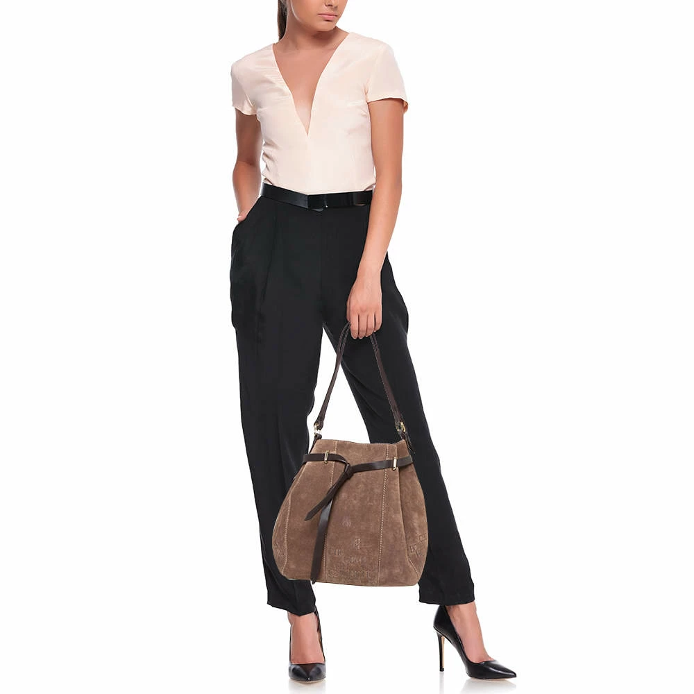 Carolina Herrera Brown Embossed Suede and Leather Bow Bucket Bag Women