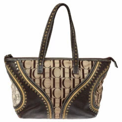 Carolina Herrera Beige/Brown Signature Studded Canvas And Leather Satchel Women