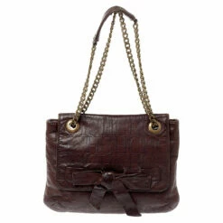Carolina Herrera Dark Brown Monogram Embossed Leather Bow Flap Shoulder Bag Women
