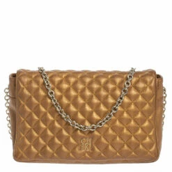 Carolina Herrera Gold Quilted Leather Flap Chain Shoulder Bag Women