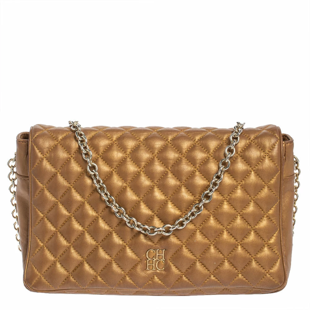 Carolina Herrera Gold Quilted Leather Flap Chain Shoulder Bag Women