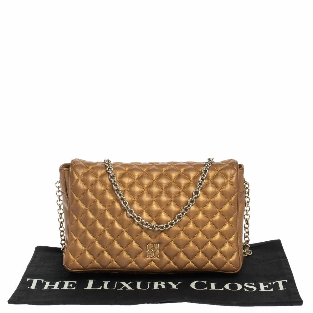 Carolina Herrera Gold Quilted Leather Flap Chain Shoulder Bag Women