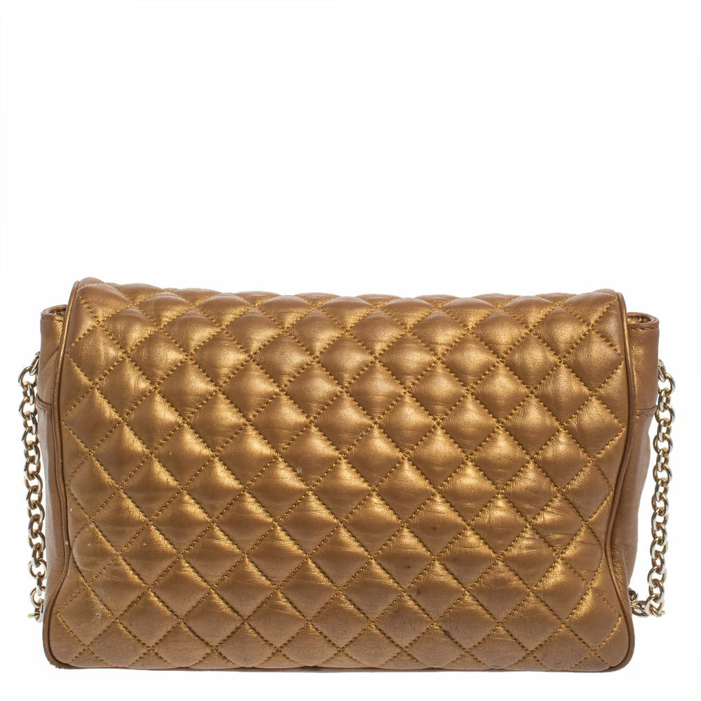 Carolina Herrera Gold Quilted Leather Flap Chain Shoulder Bag Women