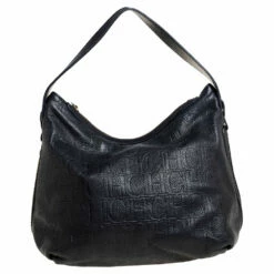 Carolina Herrera Black Monogram Embossed Leather Expandable Hobo Women