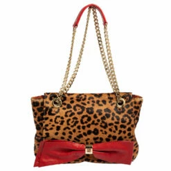 Carolina Herrera Brown/Red Leopard Print Calfhair And Leather Audrey Bow Shoulder Bag Women