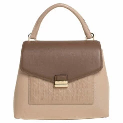 Carolina Herrera Beige/Brown Monogram Embossed Leather Top Handle Bag Women