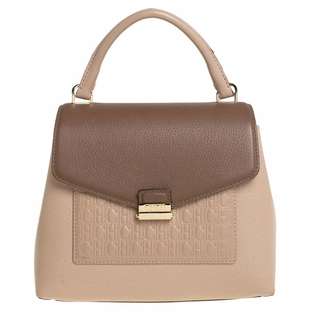 Carolina Herrera Beige/Brown Monogram Embossed Leather Top Handle Bag Women
