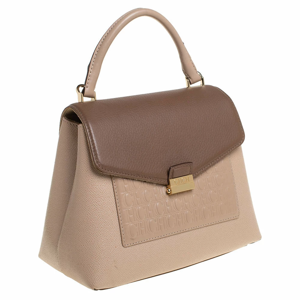Carolina Herrera Beige/Brown Monogram Embossed Leather Top Handle Bag Women