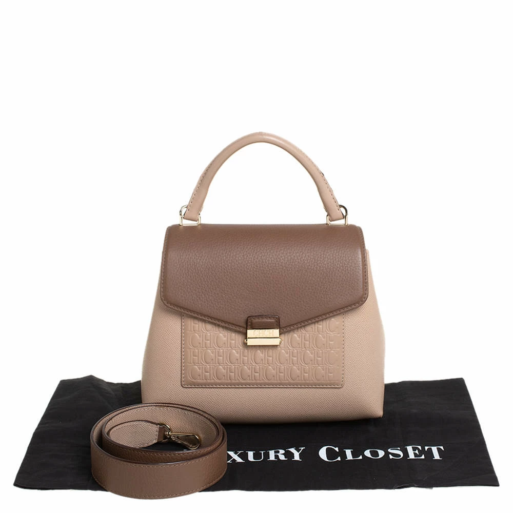 Carolina Herrera Beige/Brown Monogram Embossed Leather Top Handle Bag Women