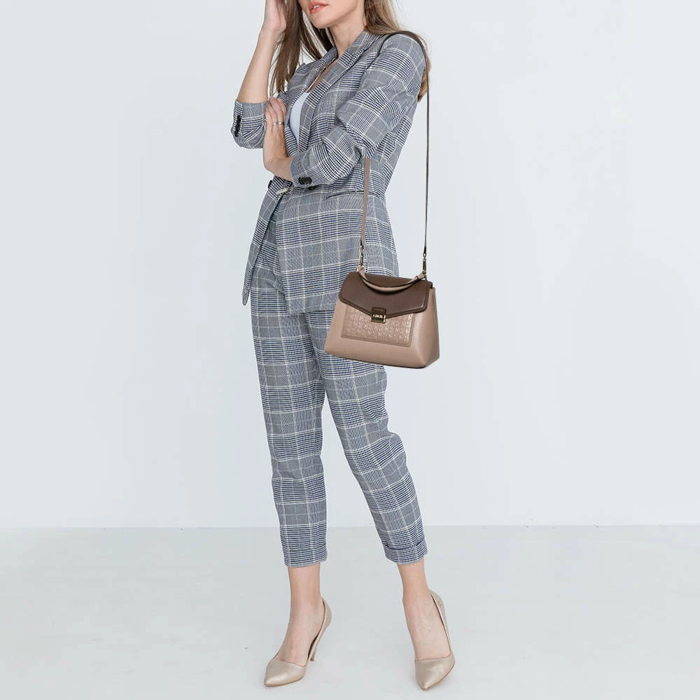 Carolina Herrera Beige/Brown Monogram Embossed Leather Top Handle Bag Women