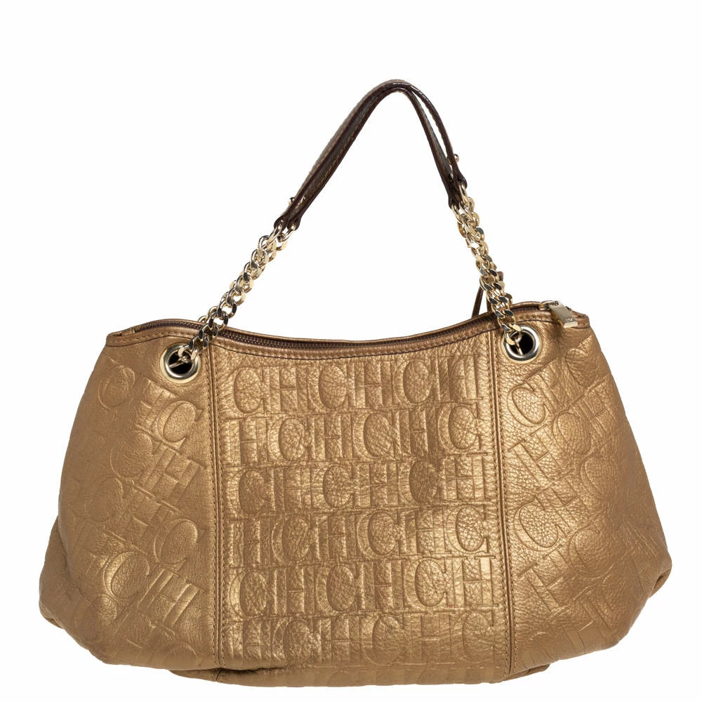Carolina Herrera Golden Brown Monogram Embossed Leather Tassel Hobo Women