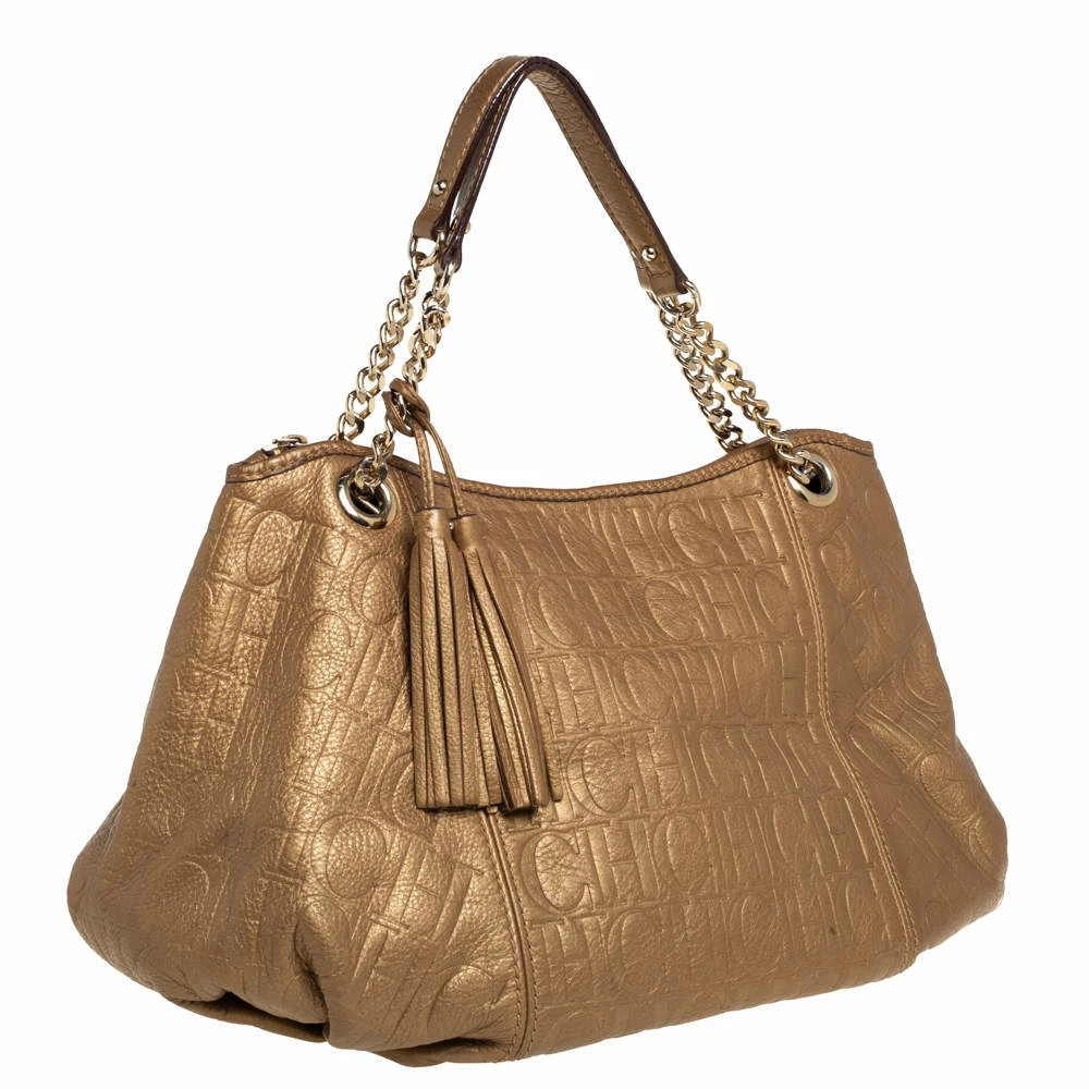 Carolina Herrera Golden Brown Monogram Embossed Leather Tassel Hobo Women