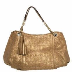 Carolina Herrera Golden Brown Monogram Embossed Leather Tassel Hobo Women