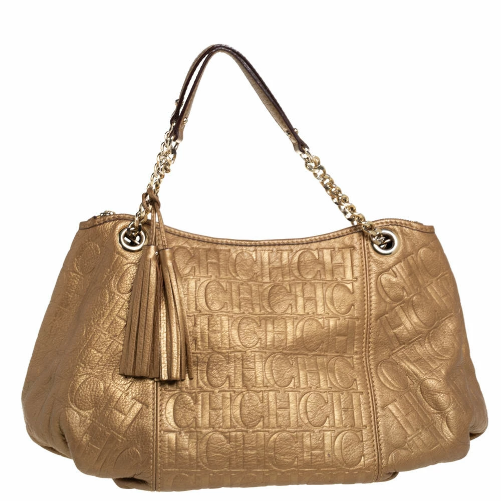 Carolina Herrera Golden Brown Monogram Embossed Leather Tassel Hobo Women